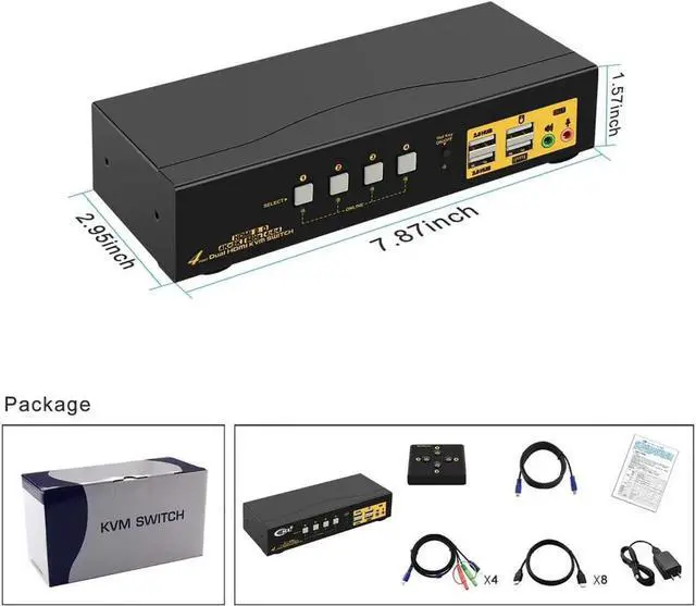 Alt view image 3 of 7 - HDMI KVM Switch 4 Port Dual Monitor 4K 60Hz, 4x2 PC Monitor Keyboard Mouse Selector with Audio and 2 USB 2.0 HUB