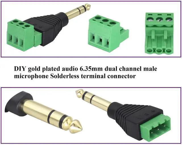 Alt view image 4 of 7 - 6.35mm Screw Terminal Block Connector 1/4" inch TRS Male Plugs to 3 Pin/Way Female Bolt Screw Terminals Pluggable AUX Audio Microphone/Speaker Wire,Keyboard,Mixer,Solderless Converter(2 Pack)