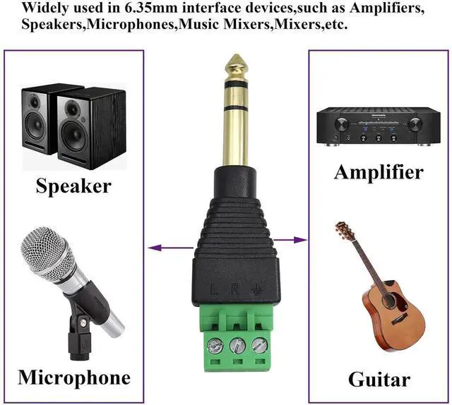 Alt view image 5 of 7 - 6.35mm Screw Terminal Block Connector 1/4" inch TRS Male Plugs to 3 Pin/Way Female Bolt Screw Terminals Pluggable AUX Audio Microphone/Speaker Wire,Keyboard,Mixer,Solderless Converter(2 Pack)
