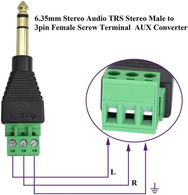 Alt view image 2 of 7 - 6.35mm Screw Terminal Block Connector 1/4" inch TRS Male Plugs to 3 Pin/Way Female Bolt Screw Terminals Pluggable AUX Audio Microphone/Speaker Wire,Keyboard,Mixer,Solderless Converter(2 Pack)