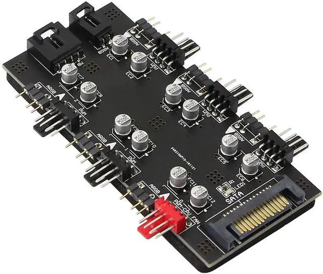 Main image of 12V 4Pin PWM & 5V 3Pin ARGB with SATA 15Pin Power 2-in-1 Hub 6 Way Sync CPU Cooling Fan Addressable RGB Lighting PCB Splitter for Extended Motherboard Interface -Black Compatible With Desktop
