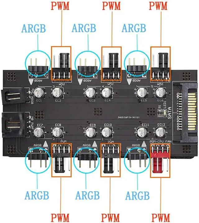 Alt view image 4 of 7 - 12V 4Pin PWM & 5V 3Pin ARGB with SATA 15Pin Power 2-in-1 Hub 6 Way Sync CPU Cooling Fan Addressable RGB Lighting PCB Splitter for Extended Motherboard Interface -Black Compatible With Desktop