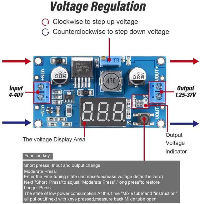 Alt view image 4 of 5 - LM2596 LM2596S DC-DC Buck Converter Voltage Adjustable 4.0-40V to 1.25-37V 2A Power Supply Module with LED Voltmeter Display (Pack of 6pcs)