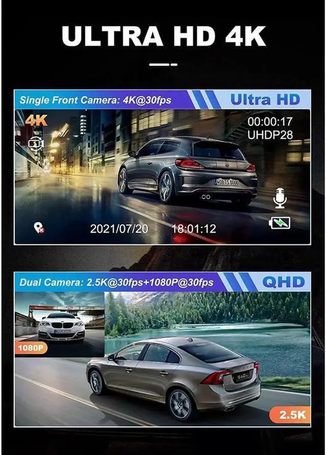 Alt view image 5 of 7 - Real 4K 5G WiFi Dual Dash Cam with WiFi GPS,2160P Car Camera with Free App,UHD4K+1080P Driving recorder,1.5Inch Car Camera,24/7 Parking Mode,Night Vision,Motion Detection,Gravity sensor,Loop Re