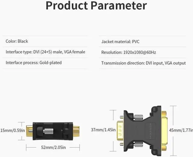 Alt view image 3 of 5 - DVI to VGA Adapter DVI 24+5 Male to VGA Female Converter 1080P HD Gold-plated Adapter for PC Displayer Projector