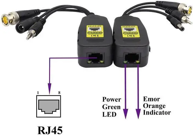 Alt view image 3 of 7 - BNC to RJ45 Transmitter Transceiver DC Power Passive Audio Video Balun HD-CVI/TVI/AHD/CVBS with DC Jack for 720P-1080P 3MP 4MP 5MP 8MP CCTV Security DVR Surveillance Camera System(19cm/4Pairs)