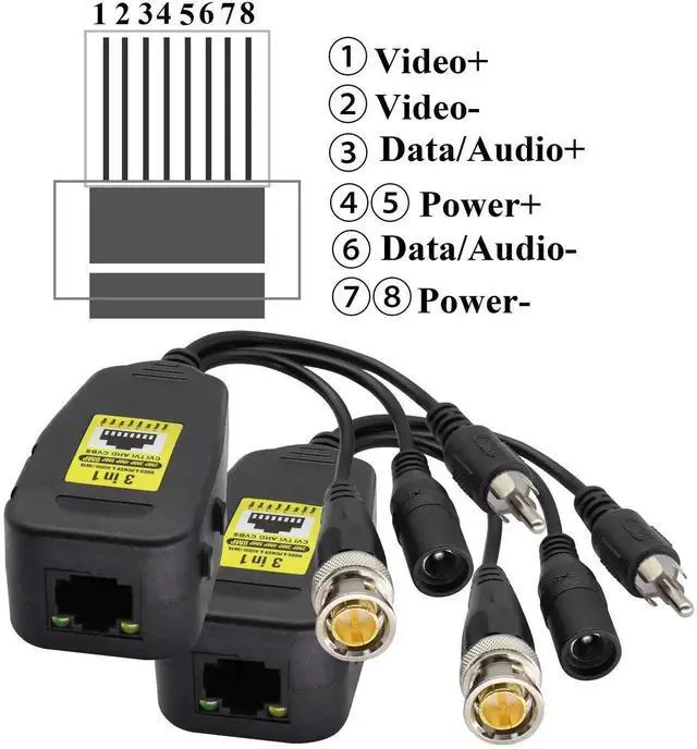 Alt view image 4 of 7 - BNC to RJ45 Transmitter Transceiver DC Power Passive Audio Video Balun HD-CVI/TVI/AHD/CVBS with DC Jack for 720P-1080P 3MP 4MP 5MP 8MP CCTV Security DVR Surveillance Camera System(19cm/4Pairs)