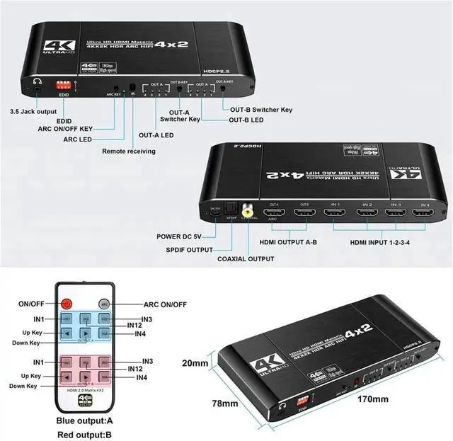 Alt view image 5 of 5 - 4K@60Hz HDMI Matrix 4x2 Switch Splitter Support HDCP 2.2 IR Remote Control HDMI Switch 4x2 Spdif 4K HDMI 4x2 Matrix Switch