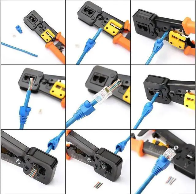Main image of RJ45 Crimp Tool Pass Through Cat5 Cat5e Cat6 Crimping Tool for RJ45/RJ12 Regular and End-Pass-Through CAT5e Connectors with 50PCS Connectors, 50PCS Covers and Network Wire Stripper