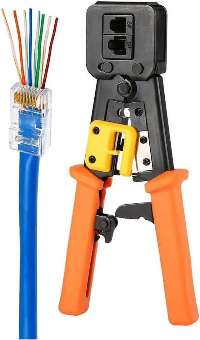Alt view image 2 of 6 - RJ45 Crimp Tool Pass Through Cat5 Cat5e Cat6 Crimping Tool for RJ45/RJ12 Regular and End-Pass-Through CAT5e Connectors with 50PCS Connectors, 50PCS Covers and Network Wire Stripper