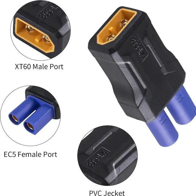 Alt view image 6 of 7 - XT60 to EC5 Connector 5Pack, EC5 to XT60 Male to Female Adapter Injection Molded Type RC Connector Adapter, No Wires Connectors RC Battery Adapter for Battery Micro Drone