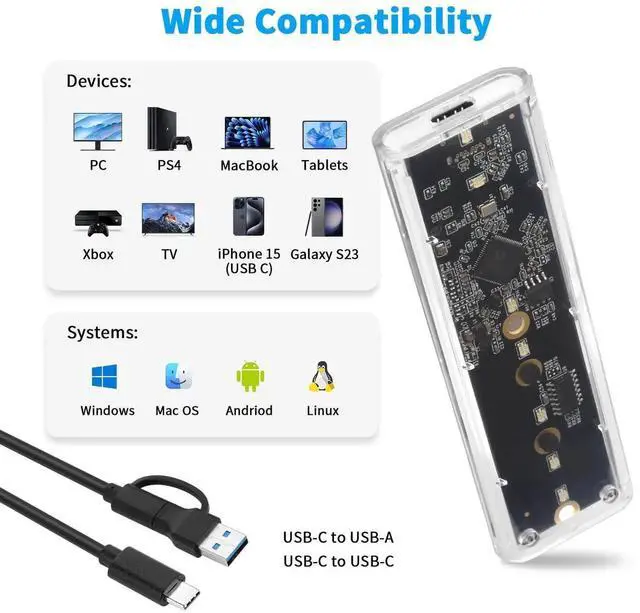 Alt view image 3 of 7 - Transparent M.2 NVMe SSD Enclosure with Colorful LED Lights, 10Gbps M2 SSD Enclosure Tool-Free NVMe to USB Adapter External Enclosure for M-Key SSD 2230 2242 2260 2280 Sizes Support UASP Trim