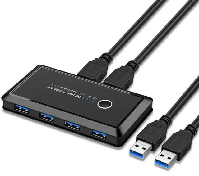 Main image of USB Sharing Switch for 2 Computers Sharing 4 USB 3.0 Ports, KVM Switches Adapter Hub for PC, Printer, U-disk, Mouse, Keyboard with One Button Swapping and 2 USB3.0 Cable, Black