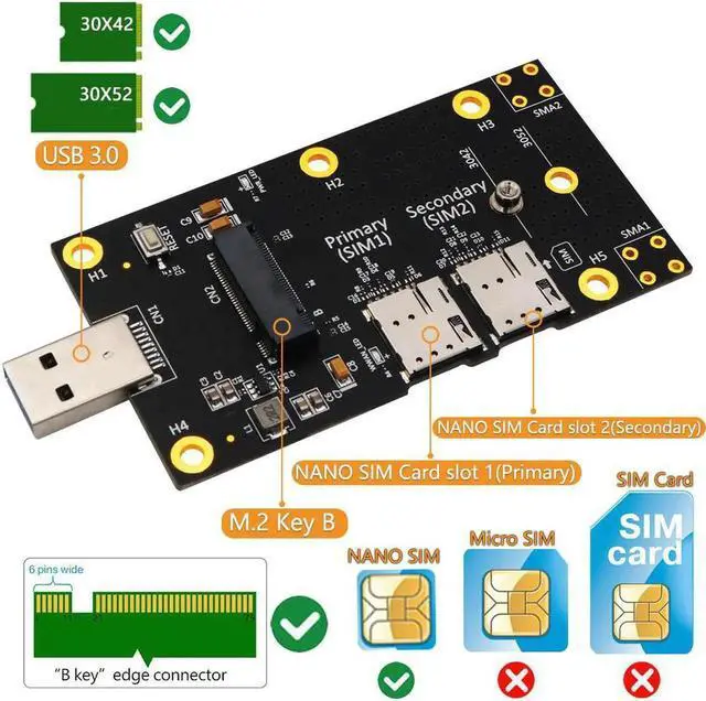 Alt view image 3 of 3 - NGFF M.2 to USB 3.0 Adapter Expansion Card with Dual NANO SIM Card Slot for 3G/4G/5G Module Support M2 key B 3042/3052 Wifi Card