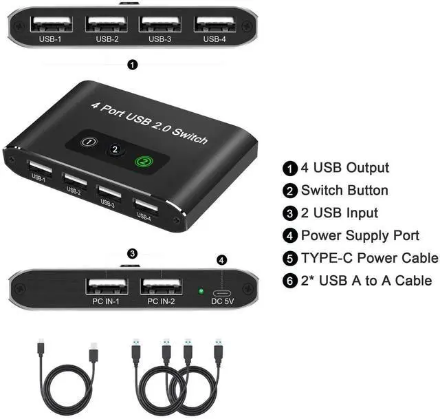 Alt view image 2 of 6 - USB 2.0 Switch, 2 Computers Sharing 4 Devices, USB 2.0 Switcher for Mouse, Keyboard, Printer, Scanner, Flash Drive, Compatible with Windows, Mac, Linux, Chrome OS