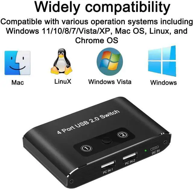 Alt view image 6 of 6 - USB 2.0 Switch, 2 Computers Sharing 4 Devices, USB 2.0 Switcher for Mouse, Keyboard, Printer, Scanner, Flash Drive, Compatible with Windows, Mac, Linux, Chrome OS