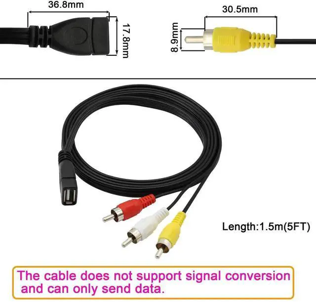 Alt view image 2 of 5 - USB to RCA Cable,USB A 2.0 Female to 3 RCA Male Jack Splitter Audio Video AV Composite Adapter Cable for TV/PC -5FT (USB 2.0 Female to RCA Male)