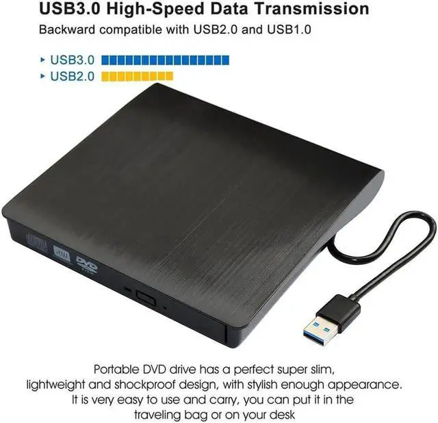 Alt view image 7 of 7 - External Optical CD Drive, USB 3.0 Portable CD/DVD +/-RW Slim DVD/CD ROM Rewriter Burner Reader Player For Laptop Desktop PC dvd burner dvd portatil Windows Linux OS Apple Mac