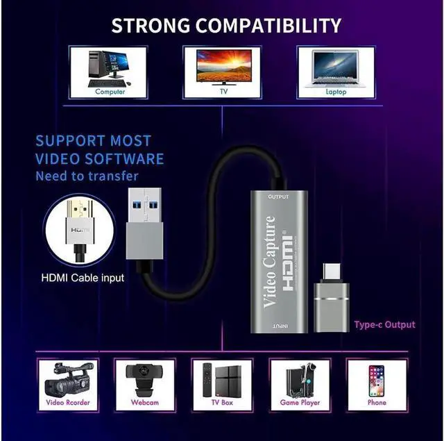 Alt view image 3 of 7 - Video Capture Cards, 4K HDMI to USB 3.0 Video Capture Device, 1080P HD 60fps Broadcast Live and Record Video Audio Grabber for Gaming, Streaming, Teaching, Video Conference (Silver)