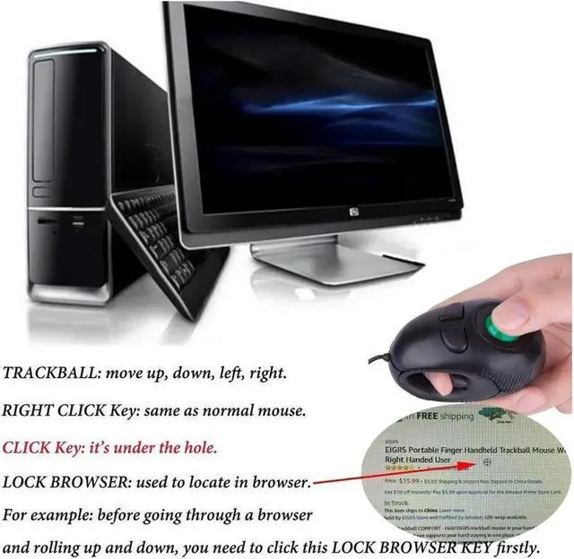 Alt view image 5 of 6 - Ergonomic Handheld Trackball Mouse Wired Mini USB Portable Finger Travel Computer Right Left Handed Mice for PC Laptop Mac Window OS Linux Unix