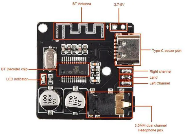 Alt view image 2 of 6 - 5pcs Bluetooth 5.0 Mp3 Lossless Decoder Board VHM-314 USB-C Audio Bluetooth Receiver Board Wireless Stereo Music Module Type-C