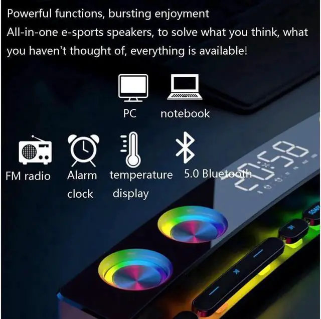 Alt view image 4 of 6 - SH39 Clock Bluetooth Wireless Game Speaker soundbar 3D Stereo Subwoofer,Computer Loudspeaker with Light,soundbar for tv Home Theater (Color : White, Size : 495 * 88 * 57mm)