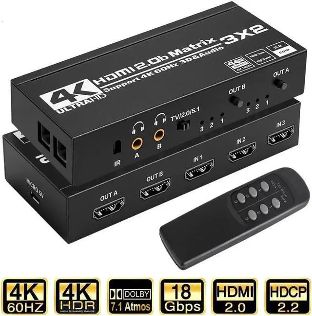 Main image of HDMI Matrix 3x2 4K HDMI Matrix Switch 3in2 Out Switcher Splitter Box with 2xSPDIF Audio 2x3.5mm L/R Audio and IR Remote Control Support Ultra 4K HDR,4Kx2K@60Hz 3D,1080PHDMI 2.0b HDCP 2.2