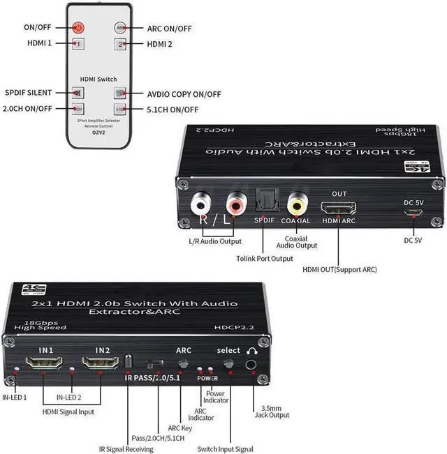 Alt view image 4 of 7 - 4K@ 60Hz HDMI Audio Extractor 2x1 HDMI to HDMI + Optical Toslink / Coaxial SPDIF+ 3.5mm R/L Audio Splitter, 4K@ 60Hz HDMI 2.0 Optical Audio Splitter, HDCP 2.2 4K HDMI Audio Splitter