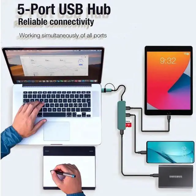 Alt view image 3 of 7 - Aluminum 5 in 1 USB C Hub with 1*USB 3.0, 2* USB2.0, TF/SD Card Reader, Ultra Slim Portable USB Splitter Adapter for Laptop, PS4, Flash Drive, HDD, Xbox, Printer, Mouse, Keyboard