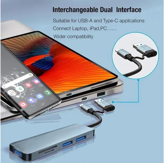 Alt view image 7 of 7 - Aluminum 5 in 1 USB C Hub with 1*USB 3.0, 2* USB2.0, TF/SD Card Reader, Ultra Slim Portable USB Splitter Adapter for Laptop, PS4, Flash Drive, HDD, Xbox, Printer, Mouse, Keyboard