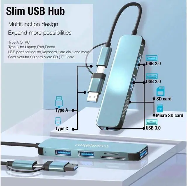 Alt view image 6 of 7 - Aluminum 5 in 1 USB C Hub with 1*USB 3.0, 2* USB2.0, TF/SD Card Reader, Ultra Slim Portable USB Splitter Adapter for Laptop, PS4, Flash Drive, HDD, Xbox, Printer, Mouse, Keyboard