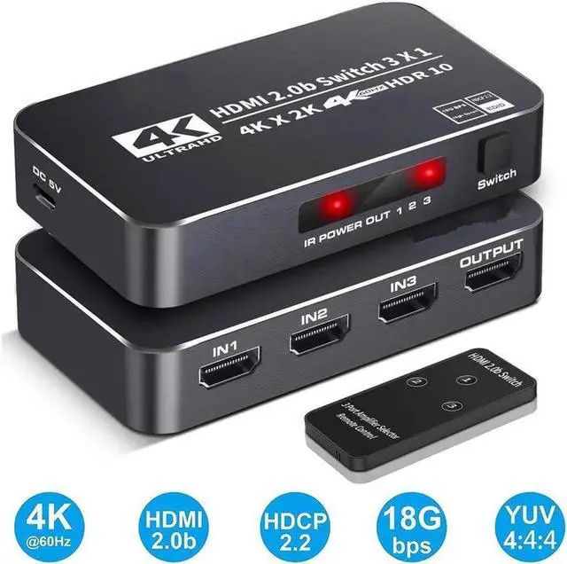 Main image of 4K 2K 60Hz HDMI Switch 3x1 HD 4K HDMI Video Switcher Adapter 3 In 1 Out HDMI Splitter with Remote Control for DVD HDTV TV Box PS4 - OZQ2-2
