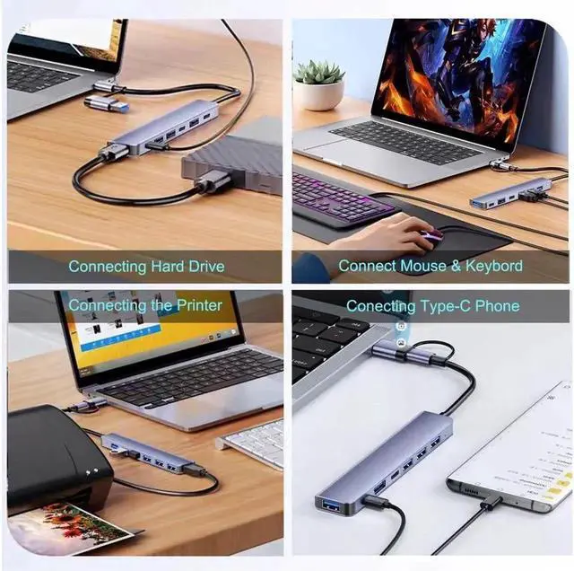 Alt view image 3 of 7 - USB Hub,USB C hub,USB hub with USB C Multiport Adapter, USB Splitter with 1xUSB 3.0,4xUSB2.0,2 x USB C,USB c hub for MacBook Pro/PC/Laptop/Tablet Devices (Grey 7in1)