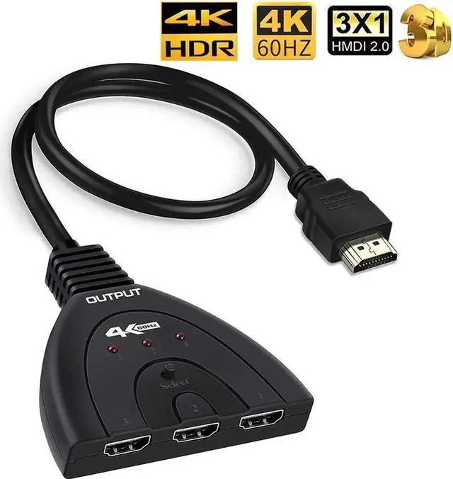 Alt view image 3 of 7 - HDMI Switch 3 Port 4K@60Hz HDMI Switch 3x1 Switch Splitter with Pigtail Cable Supports Full HD 3D 4K TV PS3 TV PS3 1080P 3D Player
