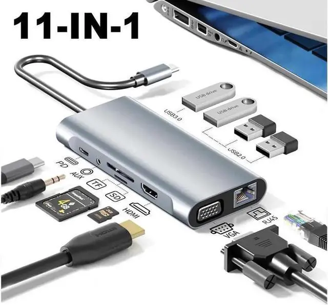 Main image of 11in1 USB C hub,USB hub with USB C Multiport Adapter, USB Splitter with 4K HDMI, VGA, RJ45, USB 3.0, 3*USB 2.0 Ports, 100W USB-C PD, 3.5mm Aux,USB c hub for MacBook/PC/Laptop/Tablet Devices