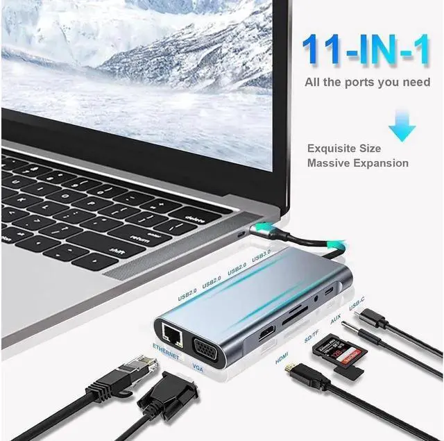 Alt view image 2 of 7 - 11in1 USB C hub,USB hub with USB C Multiport Adapter, USB Splitter with 4K HDMI, VGA, RJ45, USB 3.0, 3*USB 2.0 Ports, 100W USB-C PD, 3.5mm Aux,USB c hub for MacBook/PC/Laptop/Tablet Devices