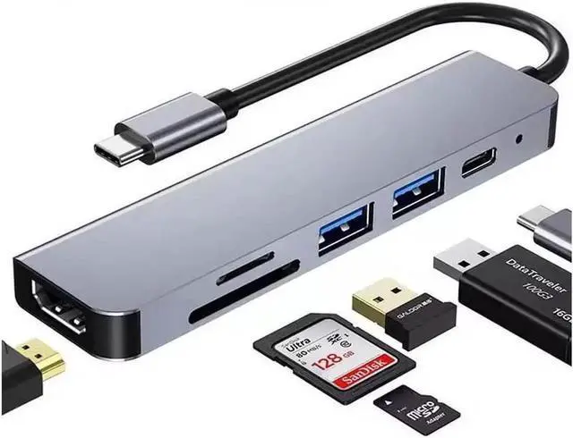 Main image of USB C Hub, USB C Adapter 6 in 1 Multi-port USB C to with 4K HDMI, SD/TF Card Reader, USB C 100W PD, USB 3.0 and USB 2.0, USB C Dock Compatible for MacBook and Type C Devices