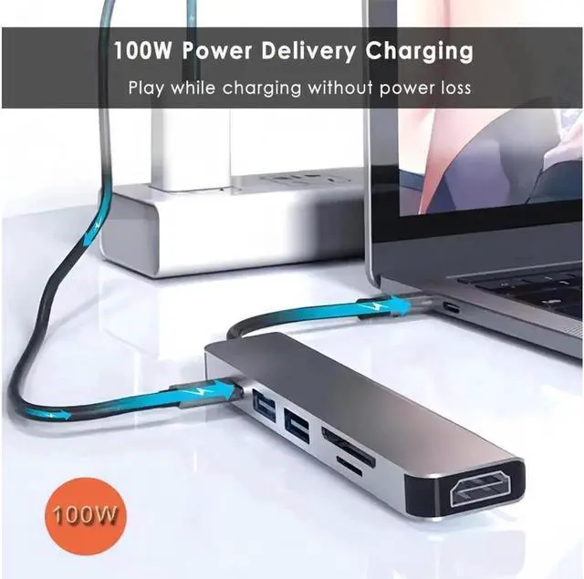 Alt view image 5 of 7 - USB C Hub, USB C Adapter 6 in 1 Multi-port USB C to with 4K HDMI, SD/TF Card Reader, USB C 100W PD, USB 3.0 and USB 2.0, USB C Dock Compatible for MacBook and Type C Devices