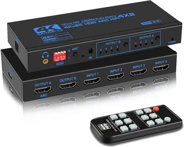 Main image of HDMI 2.0 Matrix 4x2 4K60Hz Switch Splitter HDCP2.2 EDID 4Kx2K HDR ARC HIFI HDMI Switcher SPDIF 3.5mm Stereo Audio (OZJ2-1)