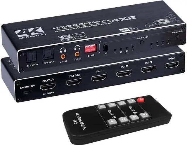 Main image of 4 in 2 Out HDMI Matrix Switch Up to 4K 60Hz RGB 8:8:8, HDR10, EDID,HDMI 2.0, HDCP 2.2/1.4, Auto Downscaling IR Remote 2xSPDIF Audio 2x3.5mm L/R Audio 4X2 Video HDMI Matrix Switch (OZJ1)