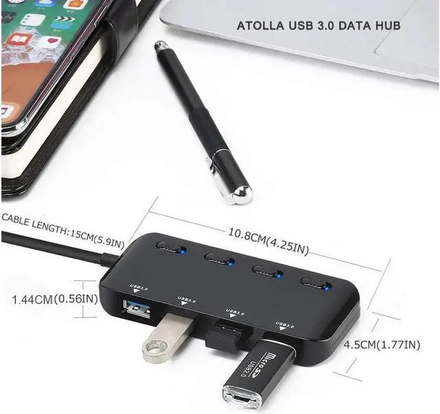 Alt view image 6 of 7 - USB 3.0 Hub Splitter - USB Extender 4 Port USB Ultra Slim Data Hub with Individual Power Switch and LED
