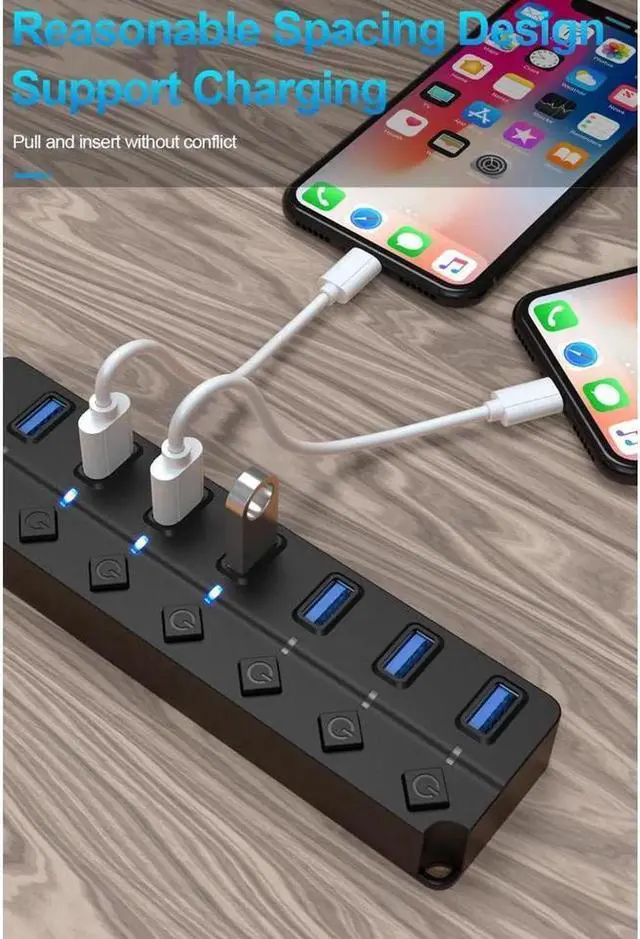 Alt view image 3 of 7 - USB 3.0 Hub, 7 Port Powered USB Hub Expander USB 3.0 Data Port hub with Universal 5V DC Adapter and Individual On/Off Switches USB Splitter for Laptop and PC(Black)