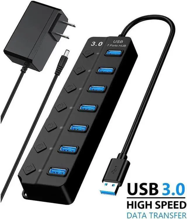 Main image of USB 3.0 Hub, 7 Port Powered USB Hub Expander USB 3.0 Data Port hub with Universal 5V DC Adapter and Individual On/Off Switches USB Splitter for Laptop and PC(Black)