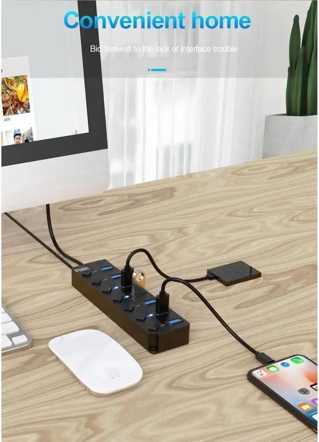 Alt view image 6 of 7 - USB 3.0 Hub, 7 Port Powered USB Hub Expander USB 3.0 Data Port hub with Universal 5V DC Adapter and Individual On/Off Switches USB Splitter for Laptop and PC(Black)