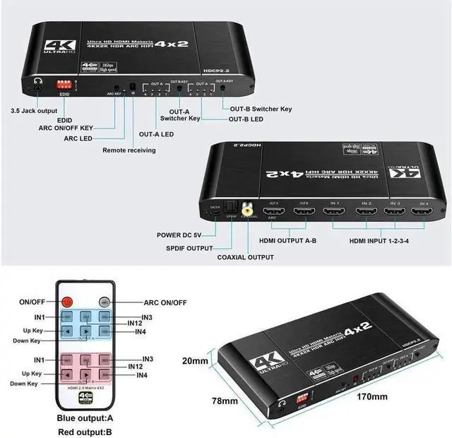 Alt view image 6 of 7 - HDMI Matrix 4x2, 4K HDMI Matrix Switch, 1080P 3D, Dolby TrueHD, DTS-HD Master, PCM7.1, Coaxial, 3.5mm Stereo Audio, EDID, IR Remote