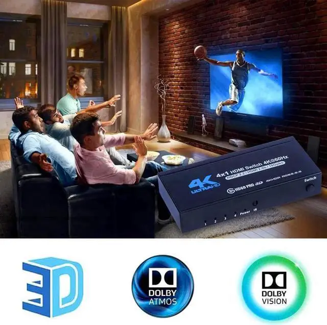 Alt view image 7 of 7 - HDMI Switch 4 Ports (4 x 1) 4K 60Hz, HDMI Splitter 4 in 1 Out HDMI Switcher Selector with IR Remote Control, HDMI 4 Port Box Hub Support 3D HDCP2.2 for PS4/Xbox One/Fire TV/Apple TV