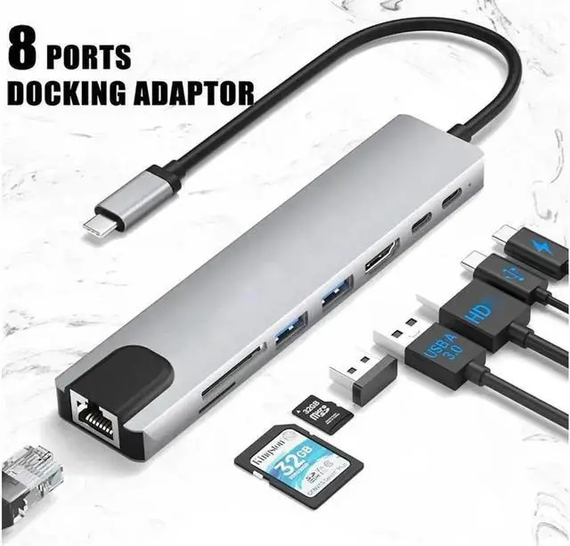 Main image of USB Hub,USB C hub,USB hub with USB C Multiport Adapter, USB Splitter with 4K HDMI, 100W PD, USB 3.0, USB2.0, Ethernet, TF/SD Card Reader for MacBook Pro/PC/Laptop/Tablet Devices (Grey 8in1)