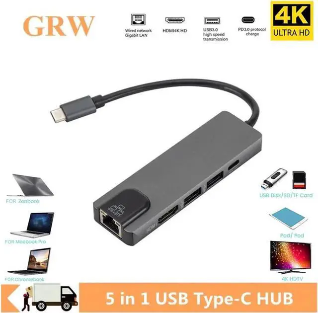 Main image of 5 in 1 USB 3.1 Type C Hub HDTV -Compatible 4K USB C Hub to Gigabit Ethernet Rj45 Lan Adapter for Mac book Pro Thunderbolt 3