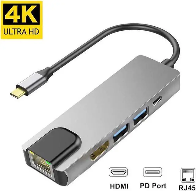 Main image of Hub usb tipo c 5 em 1, hub hdmi 4k usb c para gigabit ethernet rj45 lan adaptador para mac book pro thunderbolt 3 USB-C