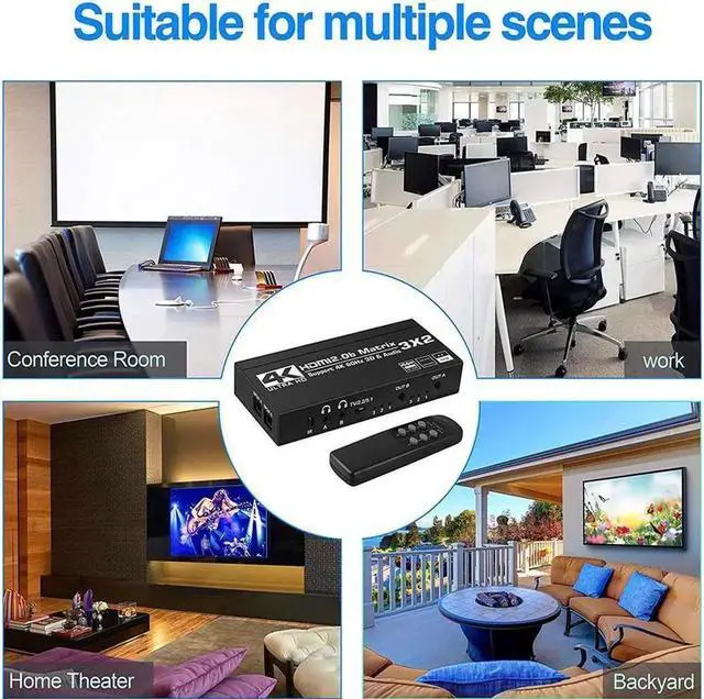 Alt view image 5 of 7 - 3x2 HDMI Matrix Switch 4K - 4K 60Hz RGB 4:4:4/8:8:8(Dolby ATMOS) 18Gbps, HDR10, Control via Remote 2xSPDIF Audio 2x3.5mm L/R Audio Audio Extractor, 3 in 2 Out Video Matrix Switch (OZJ5)